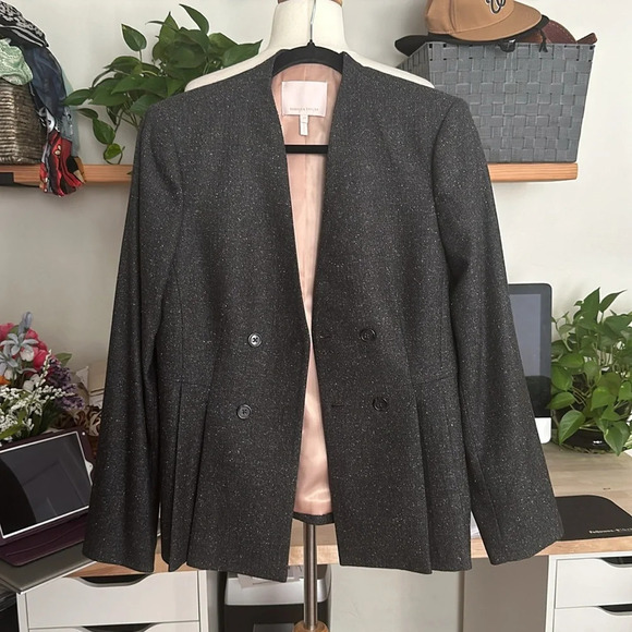 REBECCA TAYLOR Wool Silk Blazer Herringbone Peplum Double Breasted Gray, Size 10 - Picture 15 of 16
